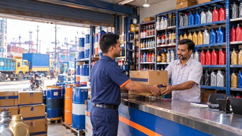 Lubricant supplier handing engine oil cartons to a workshop owner in Chattogram