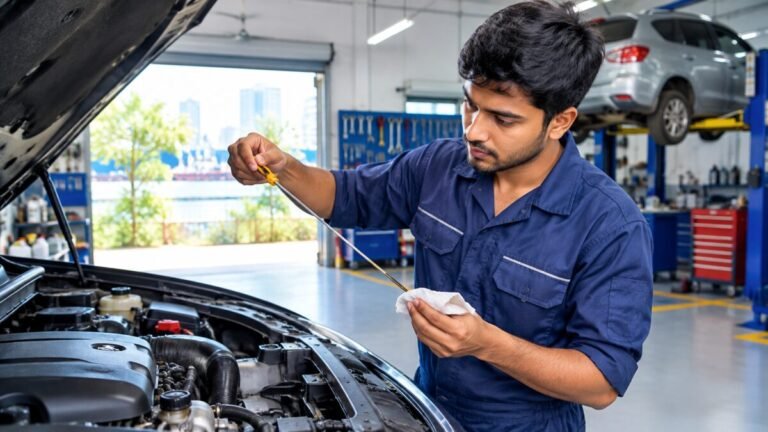 Mechanic checking engine oil level with the dipstick in a workshop