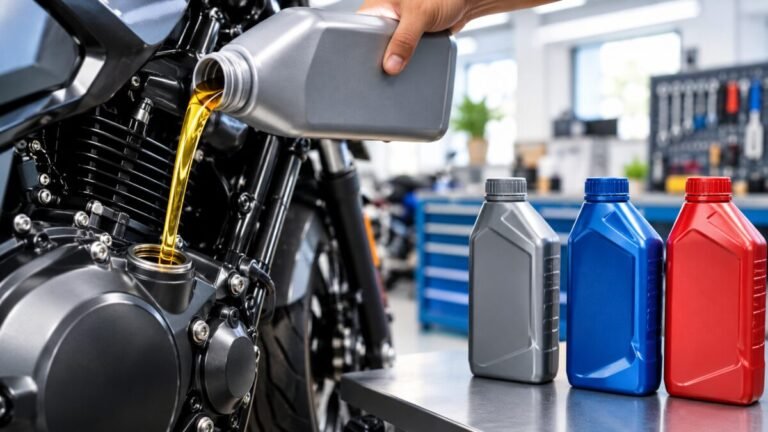 Engine oil being poured into a motorcycle engine, with oil bottles to choose from