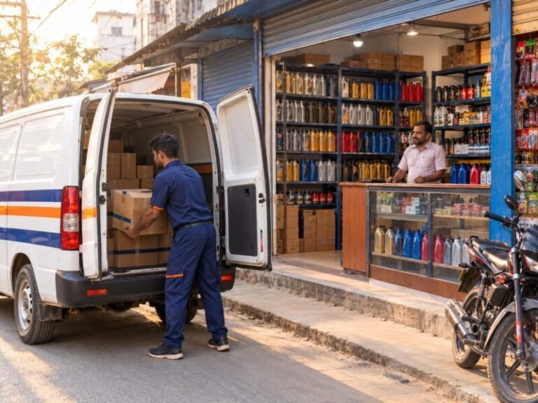 Engine oil cartons being loaded into a delivery van at a lubricant shop - LubeBD