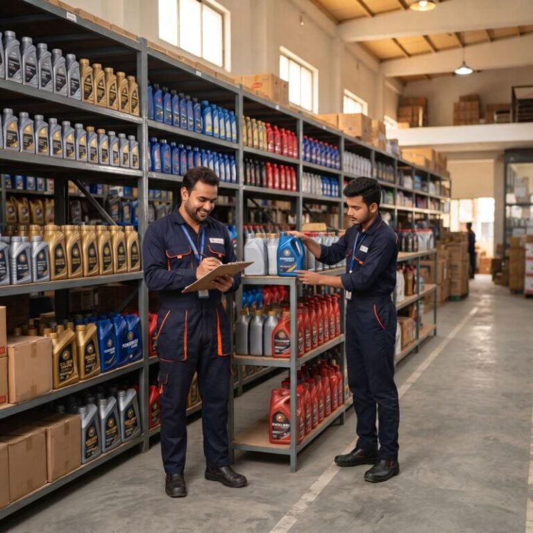 Engine oil stock arranged on warehouse shelves - LubeBD, Chattogram